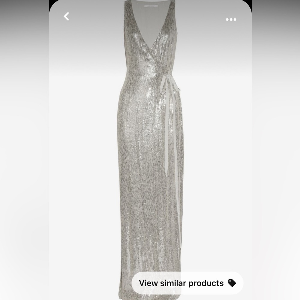 Diane Von Furstenberg DVF Silver Sequin Embellished Sleeveless Yahzi Wrap Gown 2